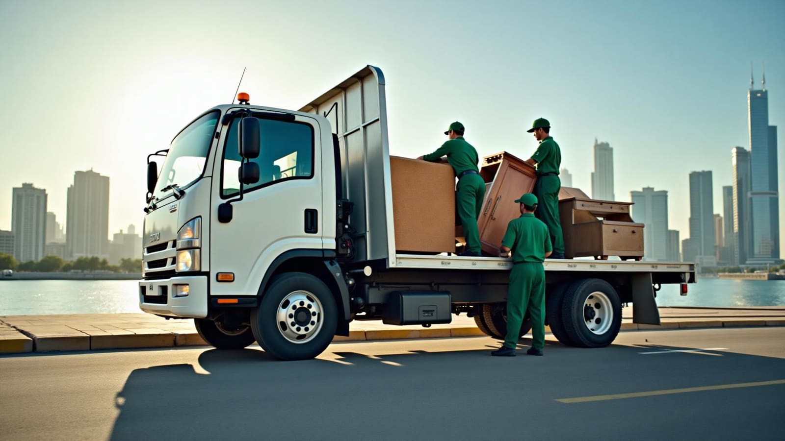 Alpha Junk Removing crew loading old furniture into a truck in Dubai